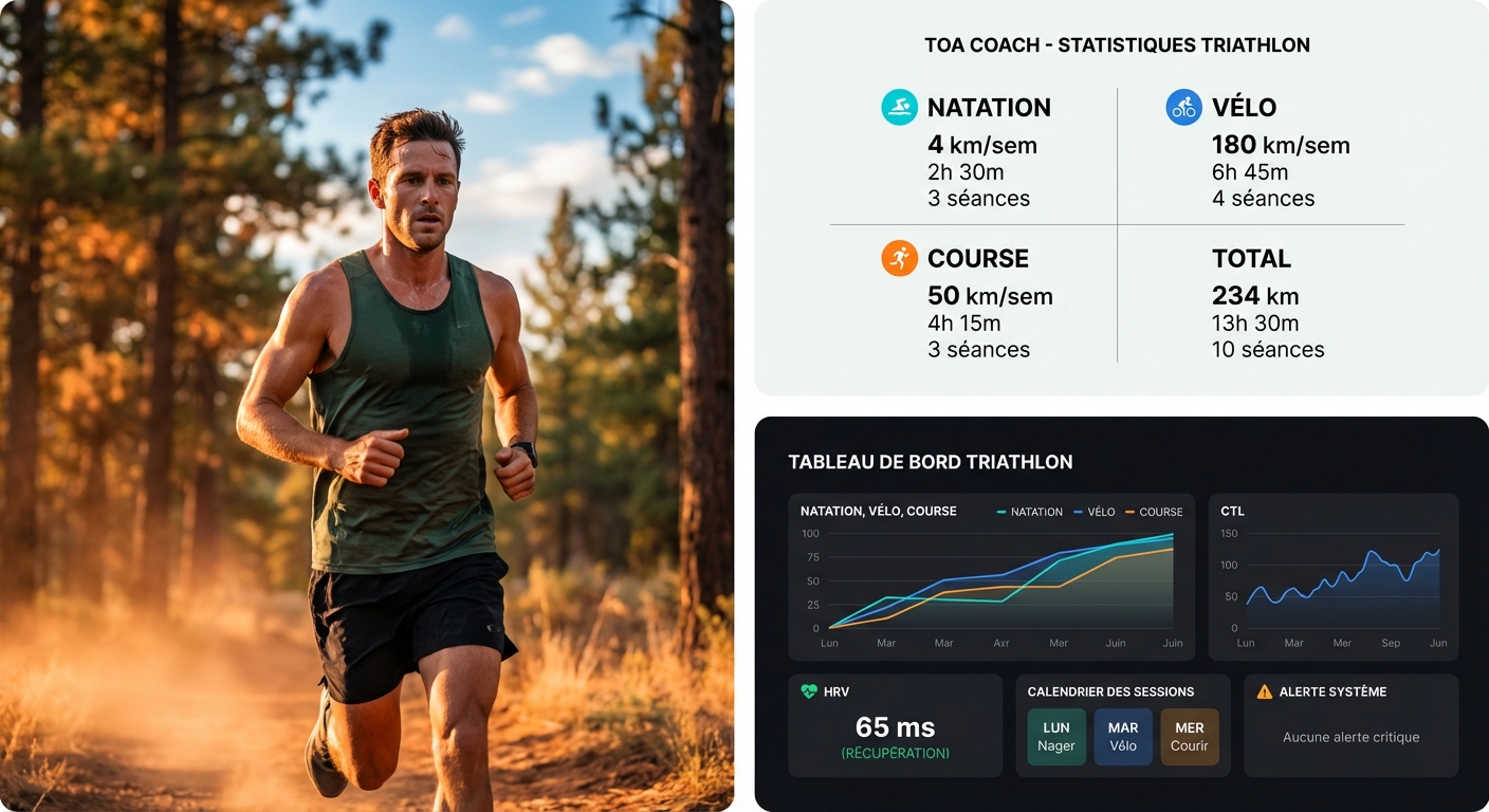 Maquette d'un tableau de bord triathlon unifié avec métriques par discipline