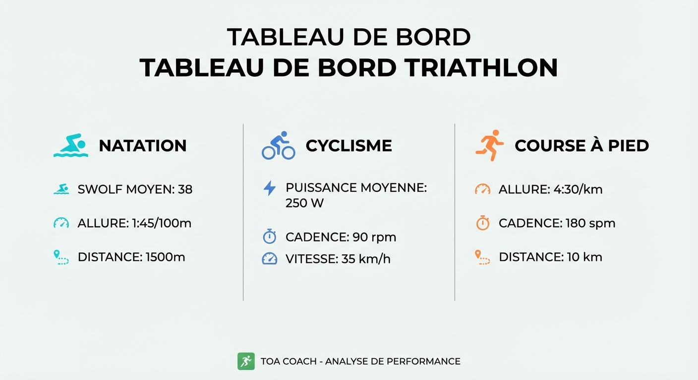 Tableau de bord des métriques externes par discipline en triathlon