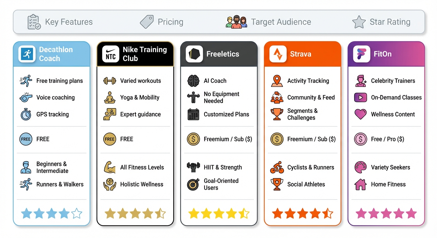 Comparatif visuel des 5 meilleures applications de sport gratuites pour pratiquants autonomes