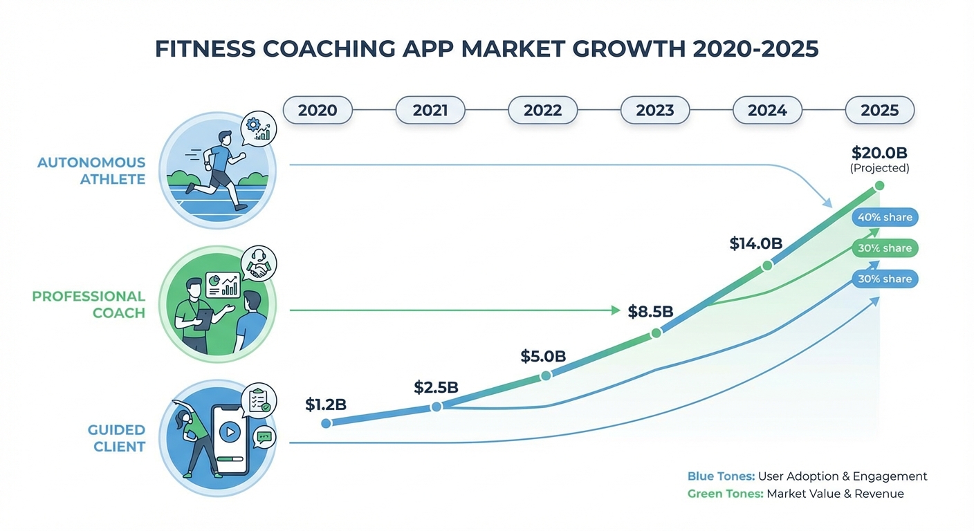 Infographie évolution du marché des applications de coach sportif 2020-2025 avec trois profils utilisateurs