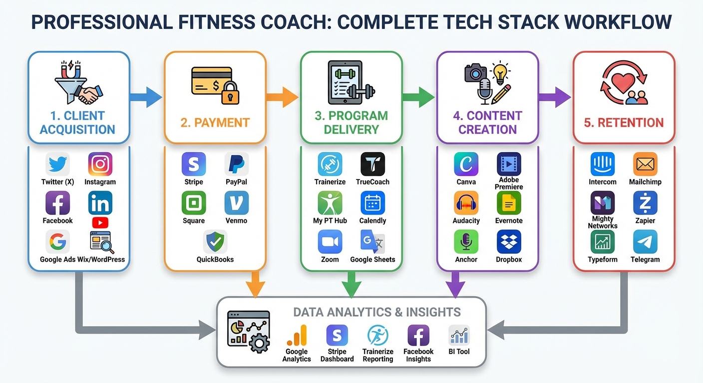 Infographie stack technologique complète du coach sportif professionnel de l'acquisition à la fidélisation