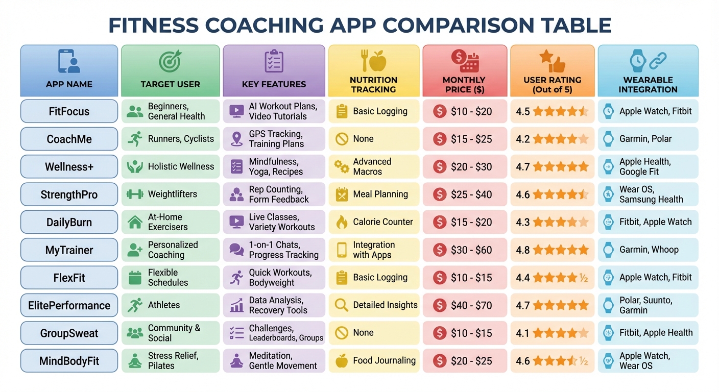 Tableau comparatif complet des 10 meilleures applications de coaching sportif avec tarifs et fonctionnalités