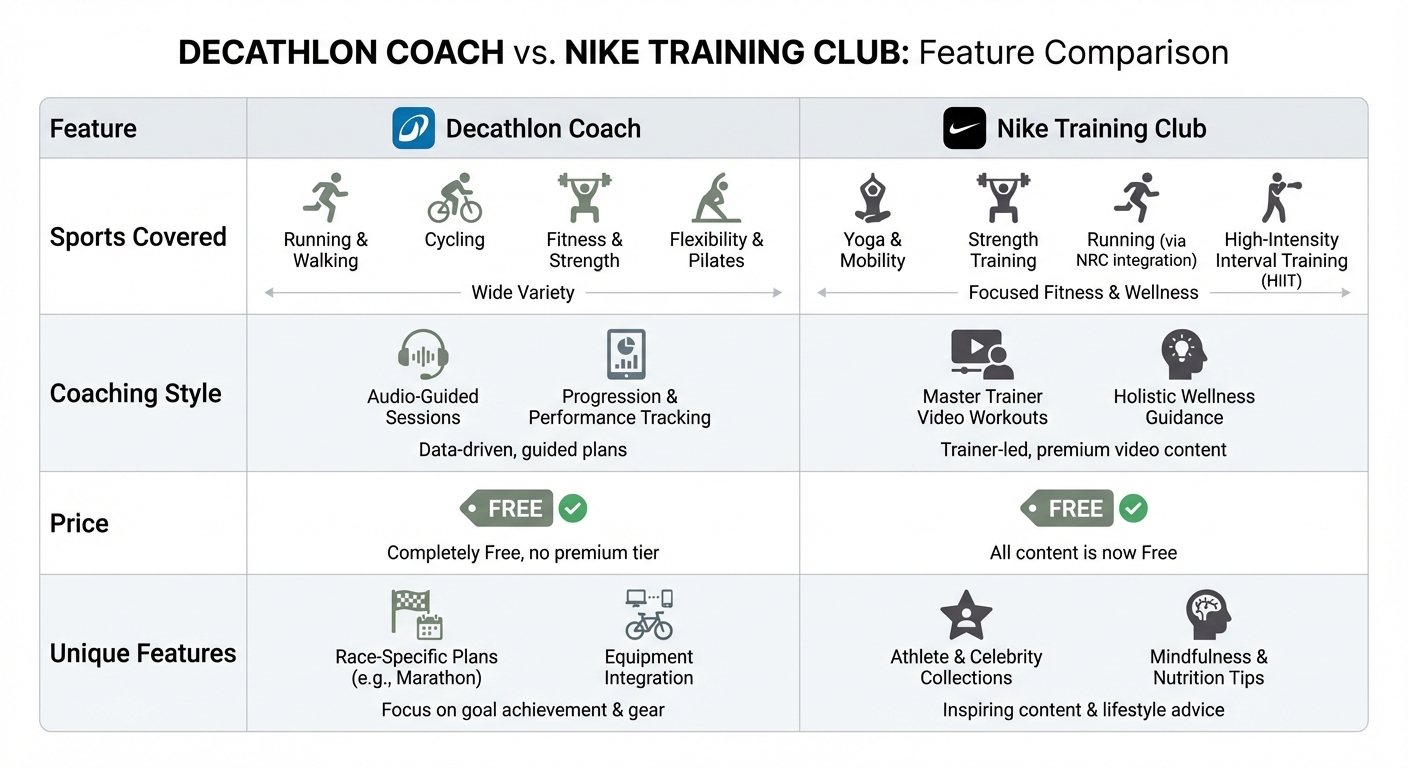 Tableau comparatif Decathlon Coach vs Nike Training Club fonctionnalités et tarifs
