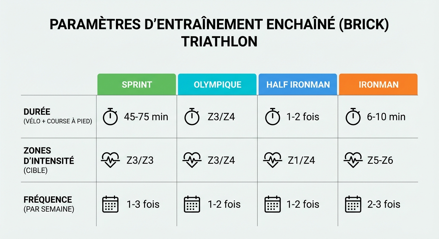 Paramètres de la séance brick selon la distance de course triathlon