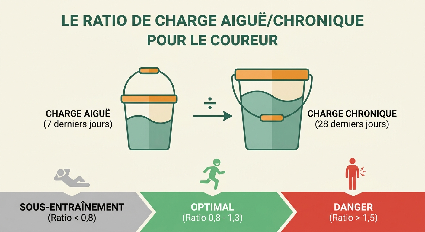 Infographie expliquant le ratio ACWR en course à pied avec zones de risque