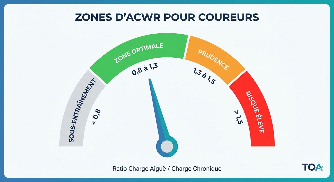 Infographie des quatre zones d'interprétation du ratio ACWR pour le coureur