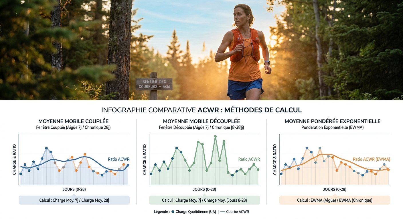 Infographie comparant les méthodes coupled, uncoupled et EWMA de calcul ACWR