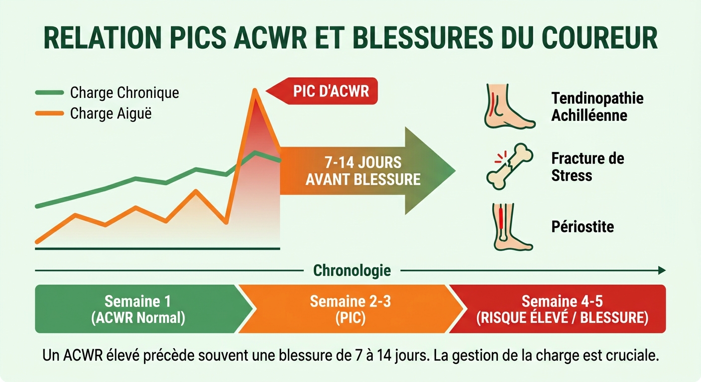 Infographie liant pics d'ACWR et apparition de blessures chez le coureur