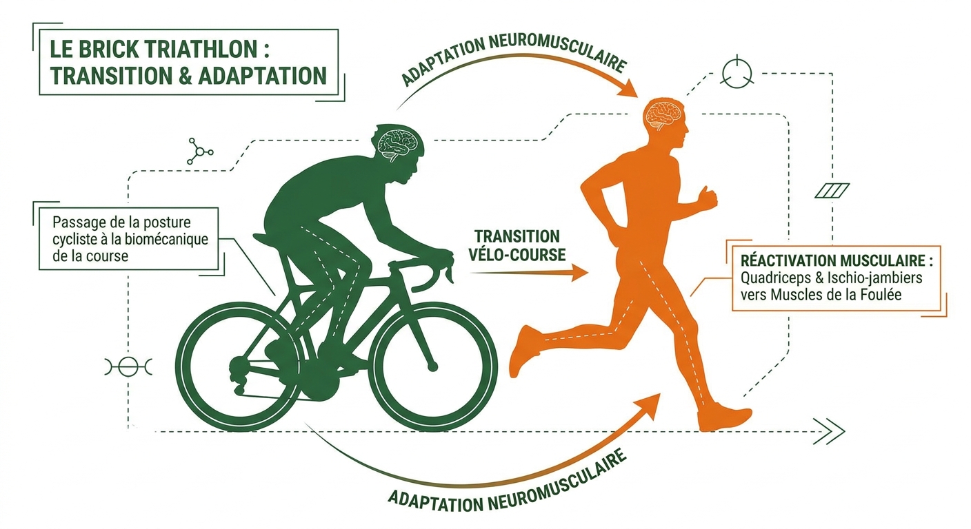 Schéma du brick triathlon : transition vélo vers course à pied et adaptations physiologiques