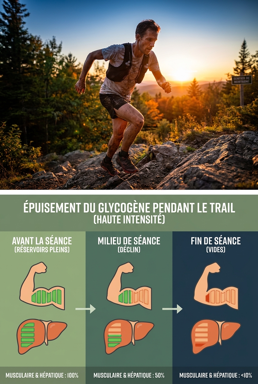 Schéma de la consommation de glycogène pendant une séance de trail intense