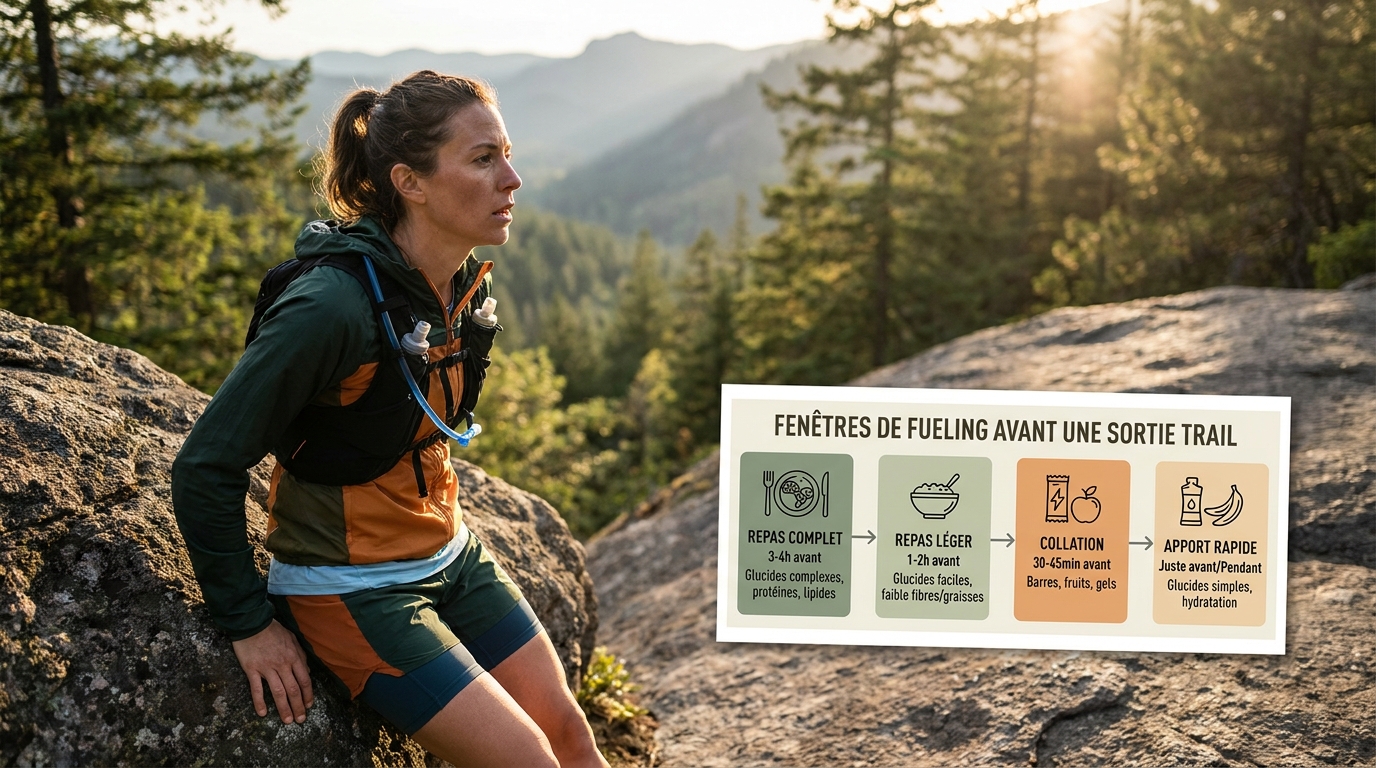 Frise chronologique du timing nutritionnel avant une séance trail intense