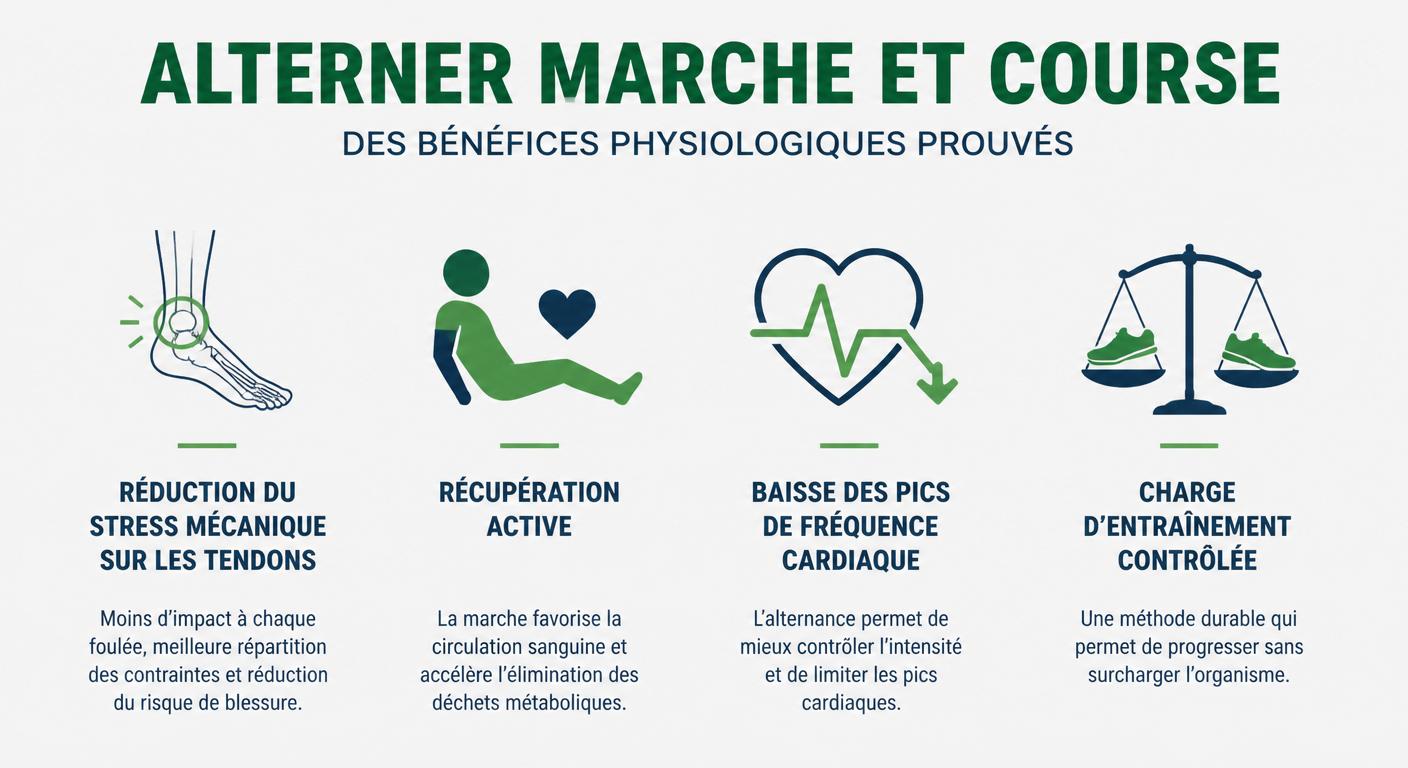 Infographie présentant les bénéfices physiologiques de l'alternance marche et course
