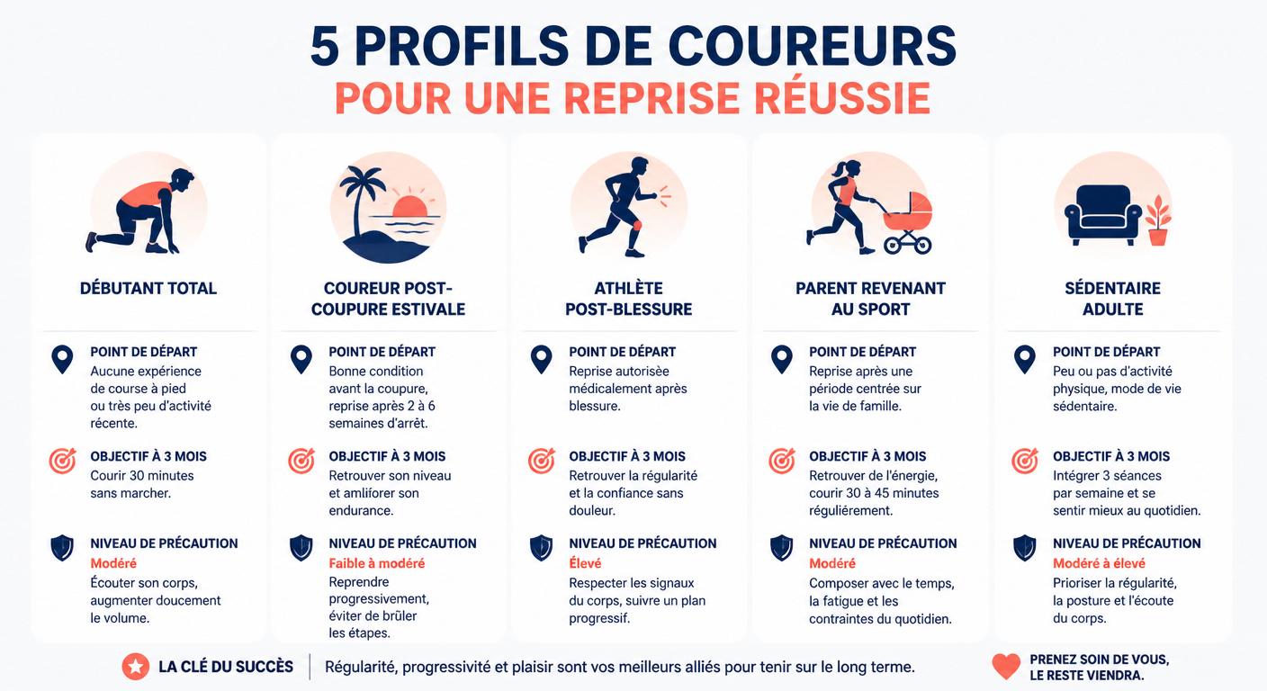 Infographie des cinq profils de reprise course à pied par alternance marche course