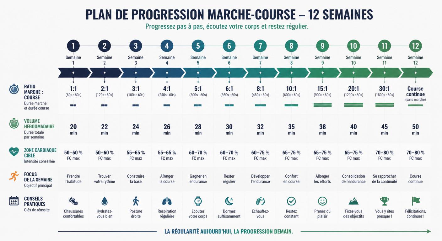 Infographie du plan progressif 12 semaines en alternance marche course