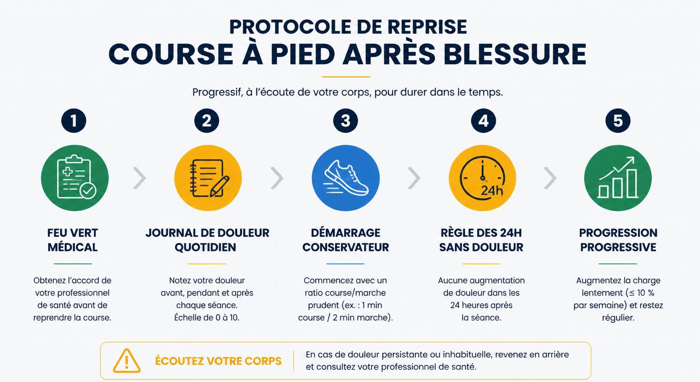 Infographie protocole de reprise course à pied par alternance après blessure