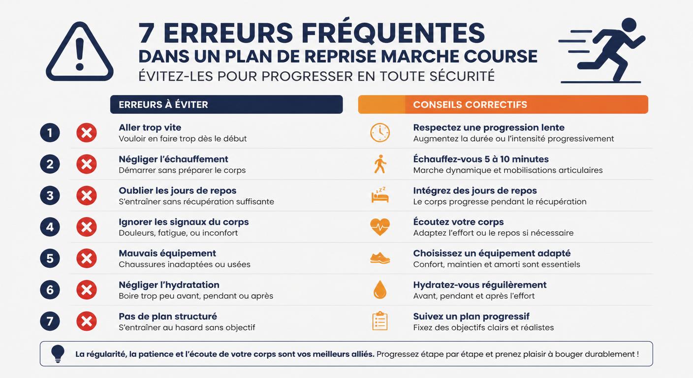 Infographie sept erreurs à éviter dans un plan d'entraînement alternance marche course