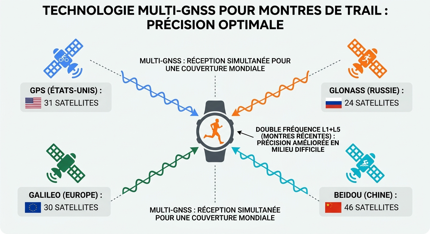 Schéma des constellations satellites GNSS utilisées par les montres GPS de trail