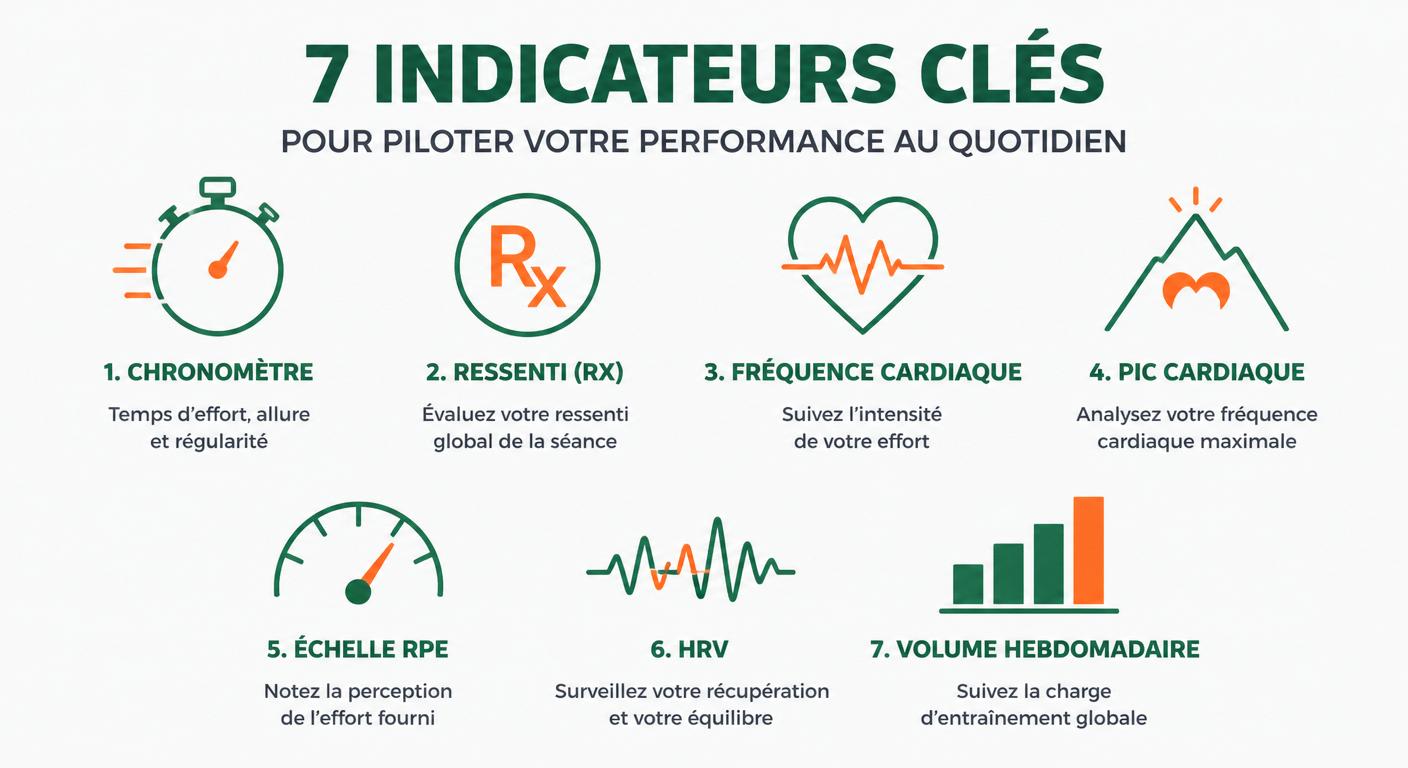 Sept métriques CrossFit indispensables représentées par des icônes