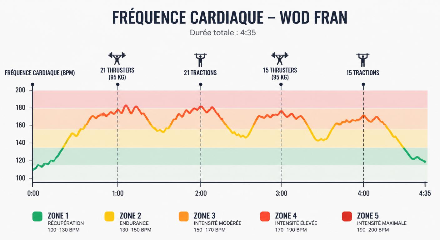 Courbe de fréquence cardiaque pendant un WOD Fran avec zones d'effort