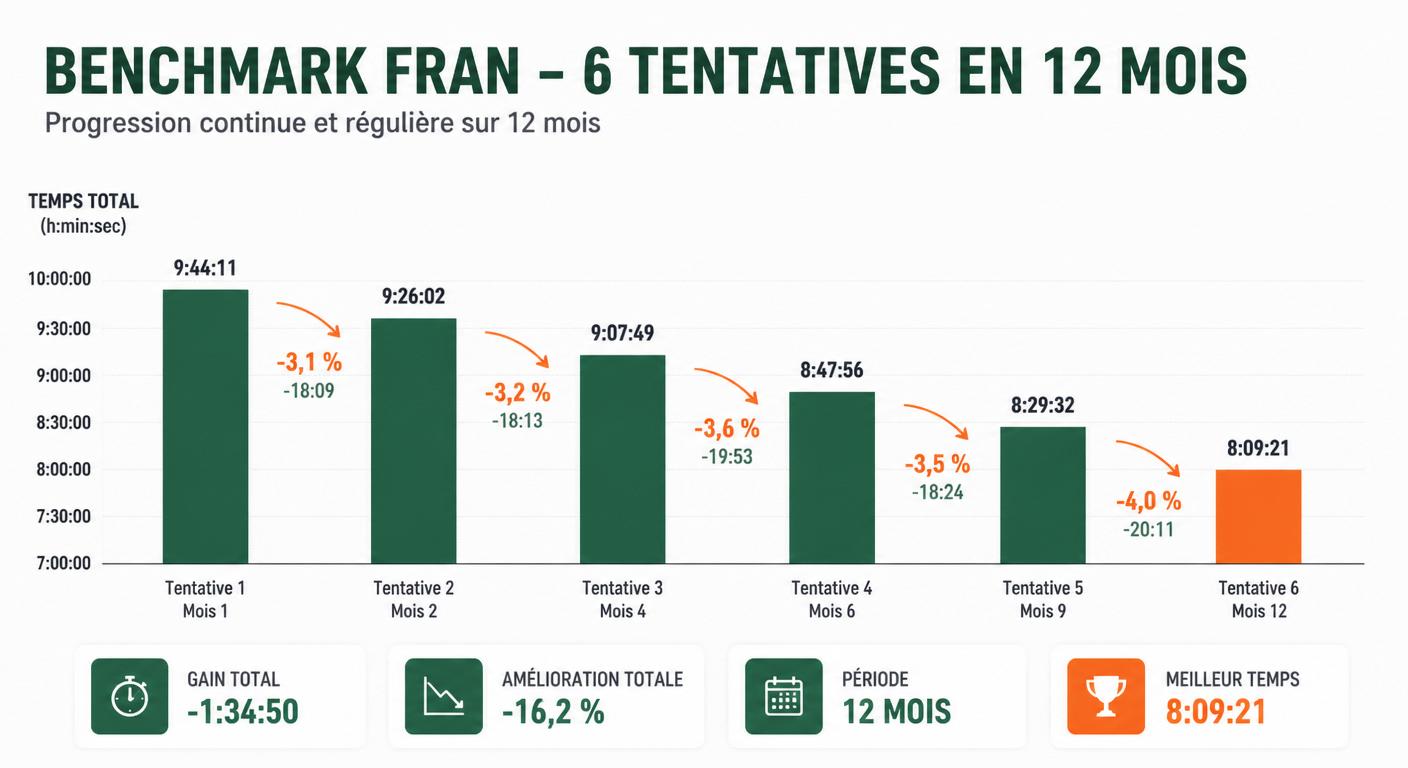 Évolution d'un temps Fran sur douze mois avec annotations de progression