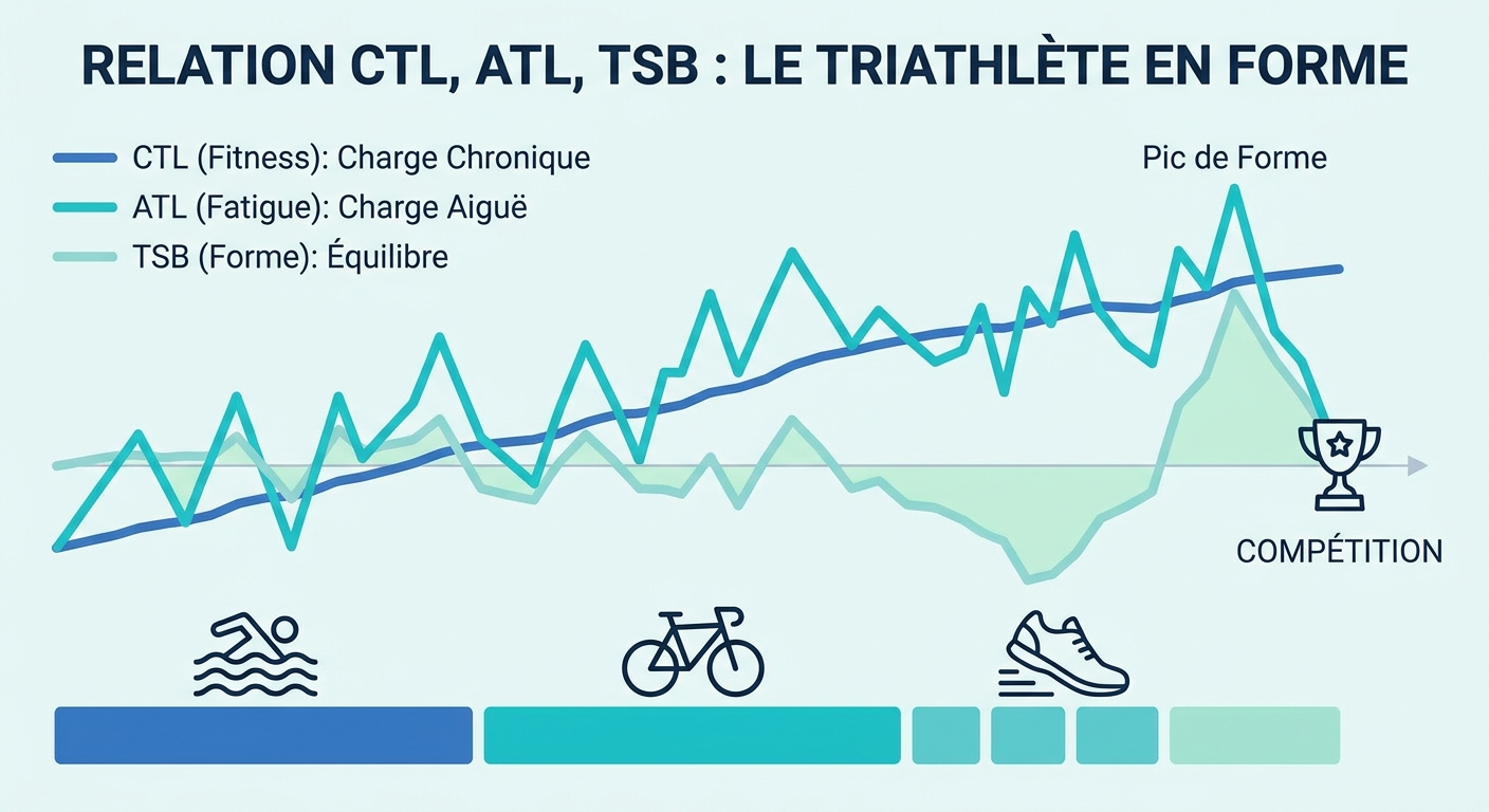 Schéma pédagogique des courbes CTL, ATL et TSB appliquées au triathlon