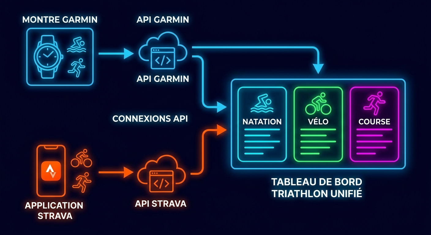 Workflow de centralisation des données Garmin et Strava vers un dashboard triathlon unifié