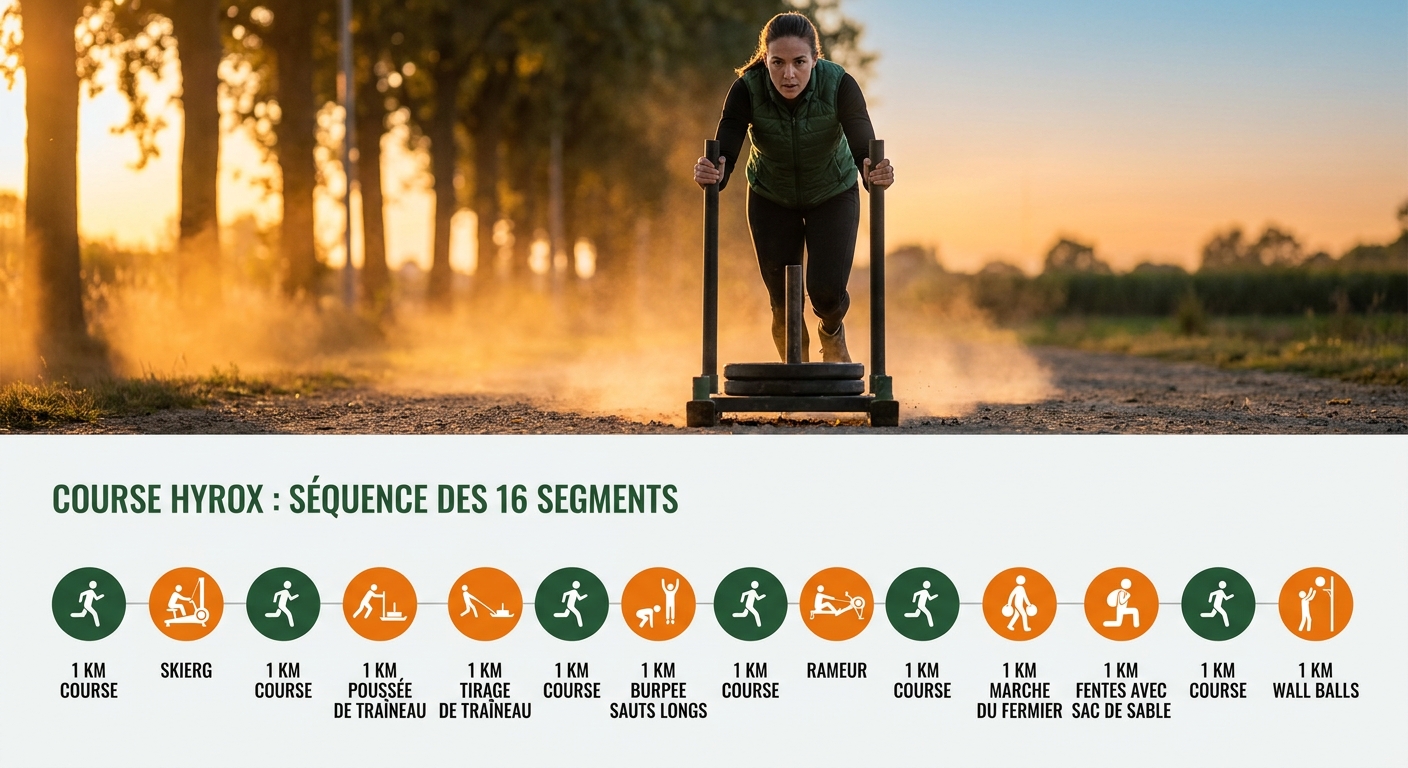 Infographie chronologique des 16 segments d'une course Hyrox