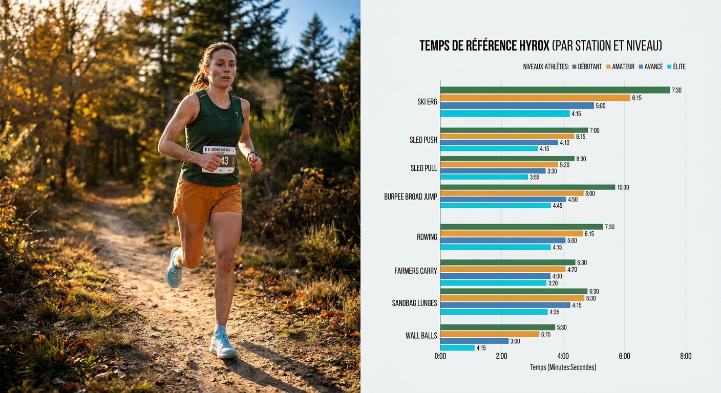 Graphique des temps de référence des 8 stations Hyrox par niveau