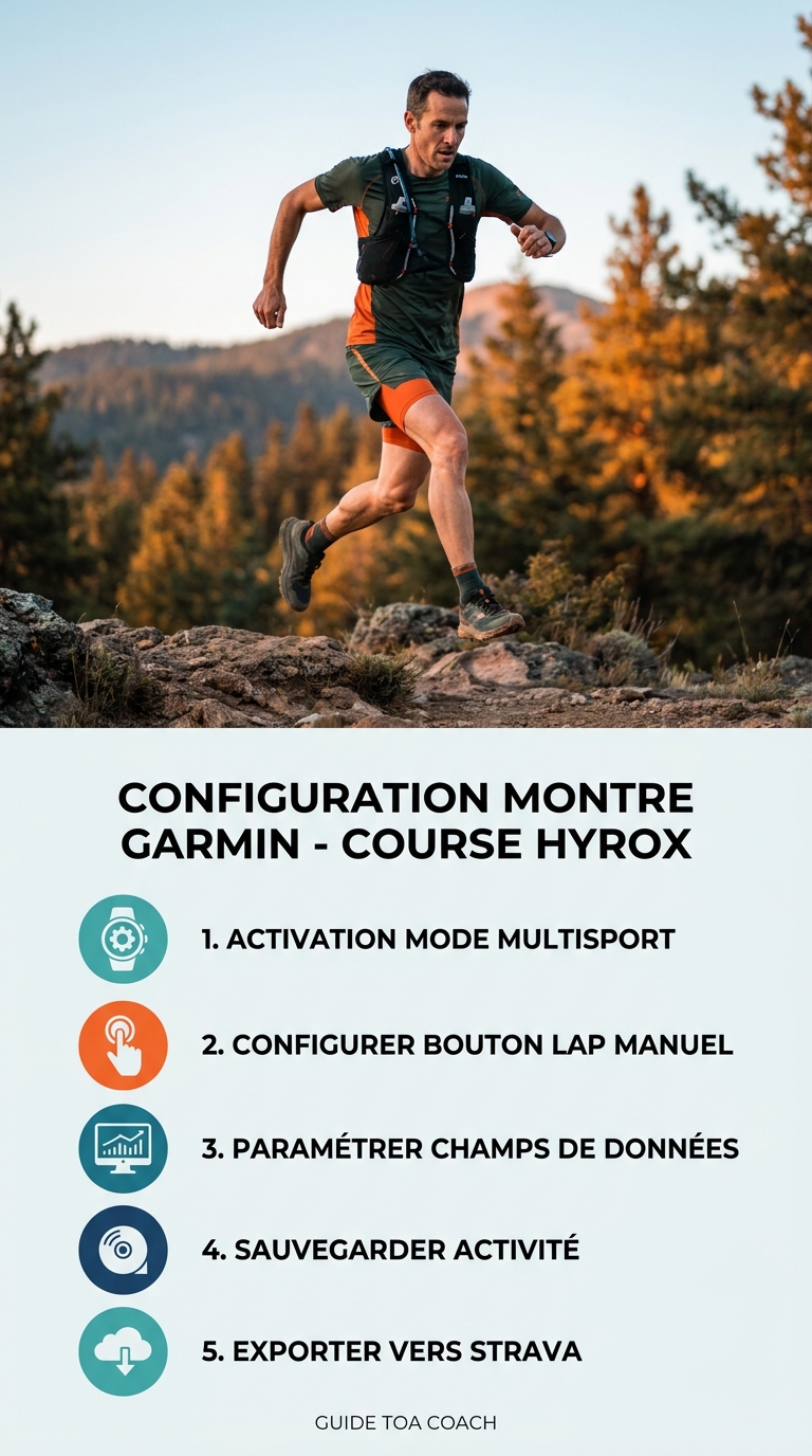 Infographie de configuration Garmin pour course Hyrox en 5 étapes