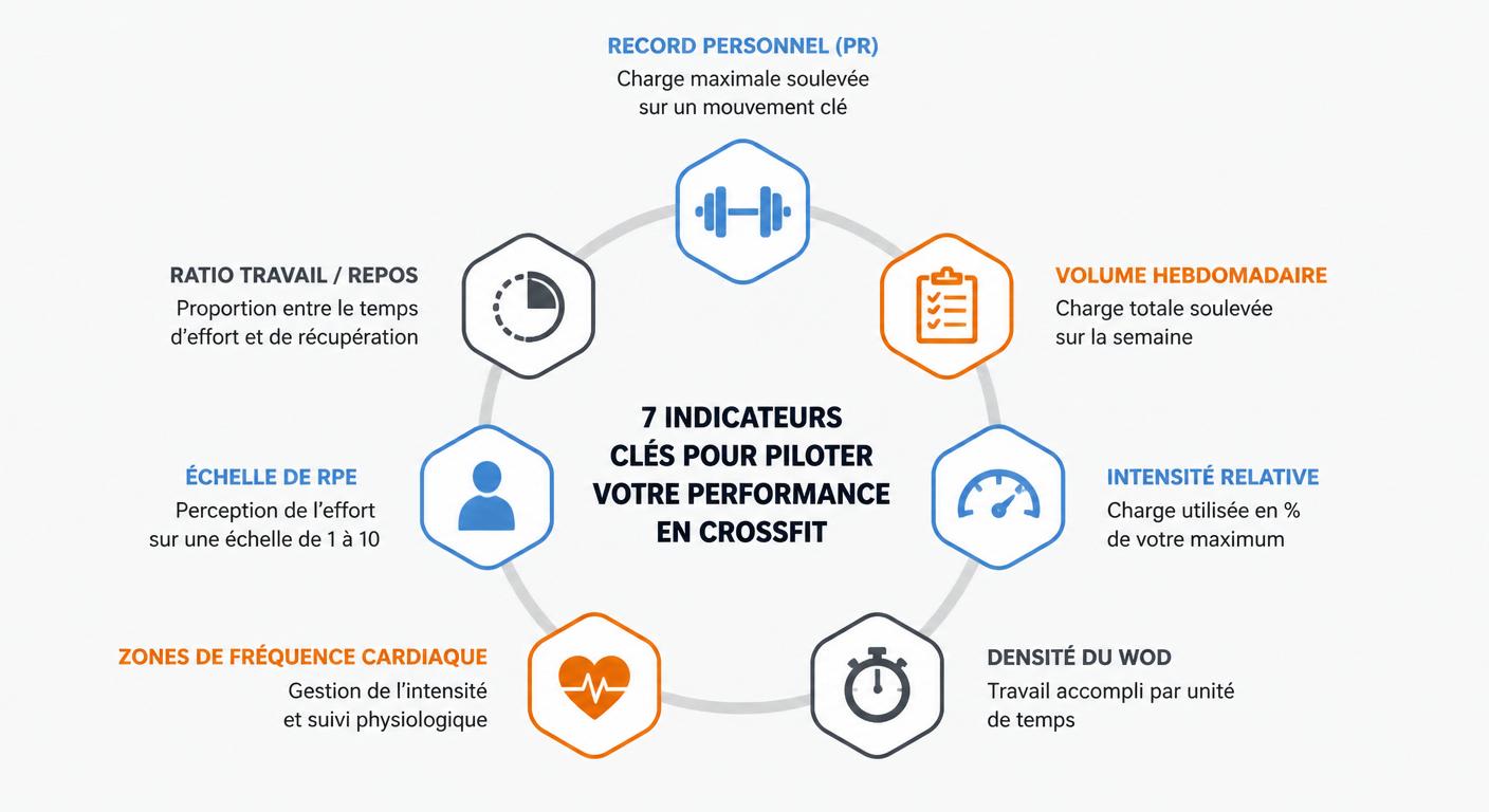 Infographie présentant les 7 métriques de suivi de performance en crossfit