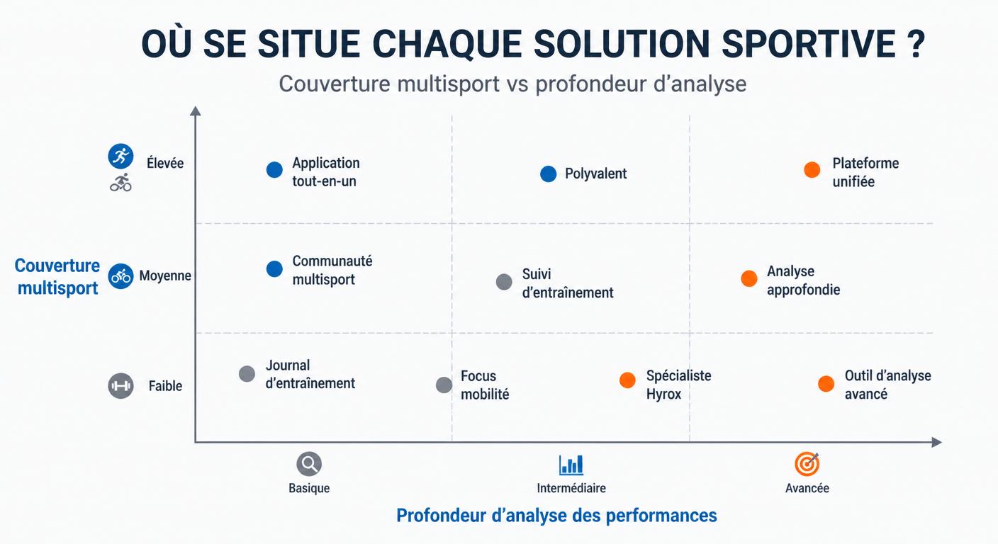 Carte de positionnement des applications crossfit selon la profondeur d'analyse et la couverture multi-sport