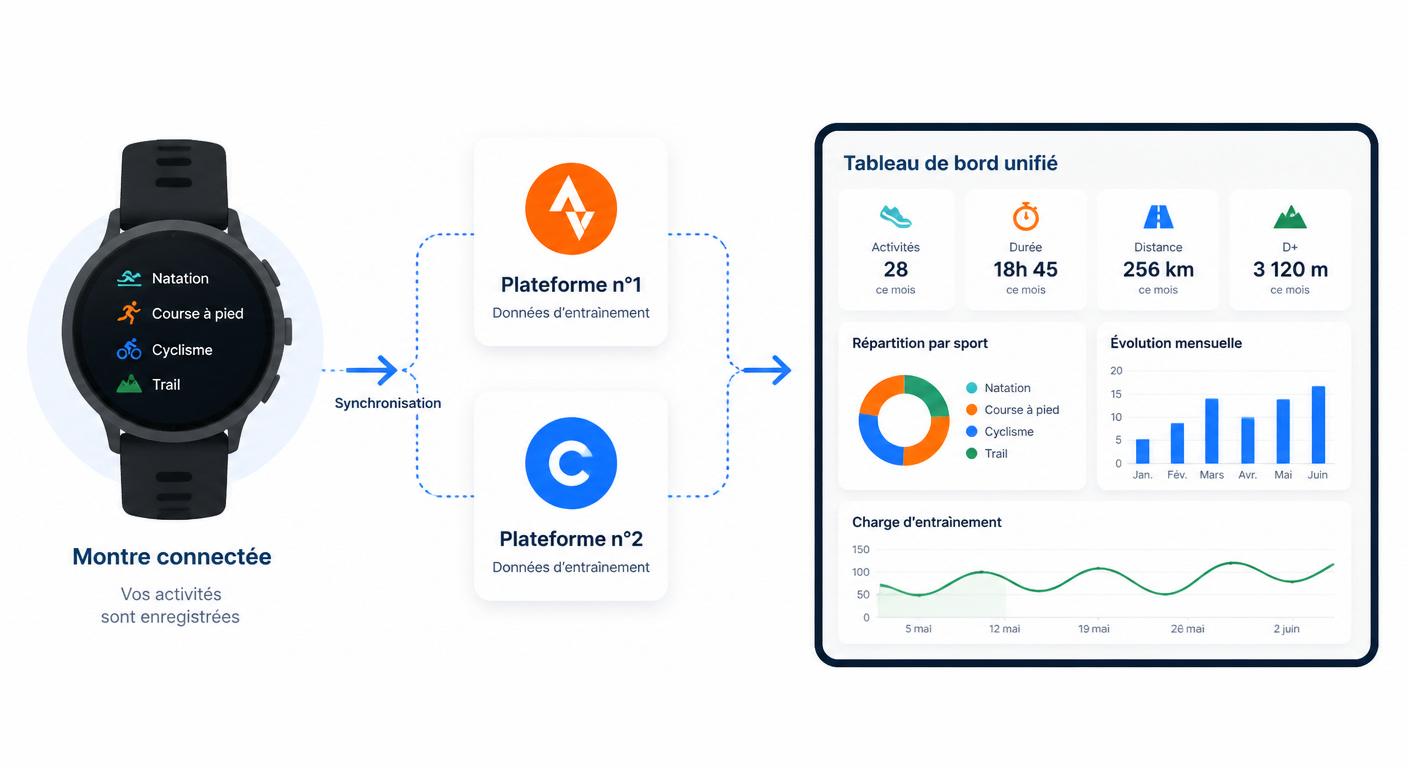 Schéma du flux de synchronisation entre Garmin, Strava et une application crossfit unifiée