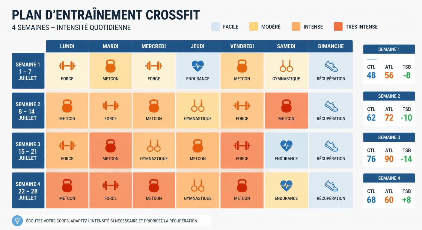 Calendrier de 4 semaines de crossfit annoté avec les indicateurs de charge d'entraînement