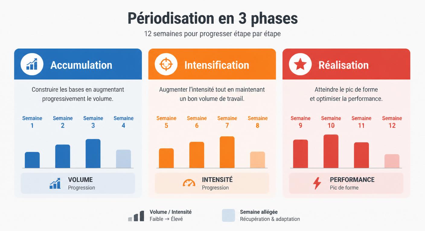 Infographie des 3 blocs de 4 semaines d'un programme hybride 12 semaines