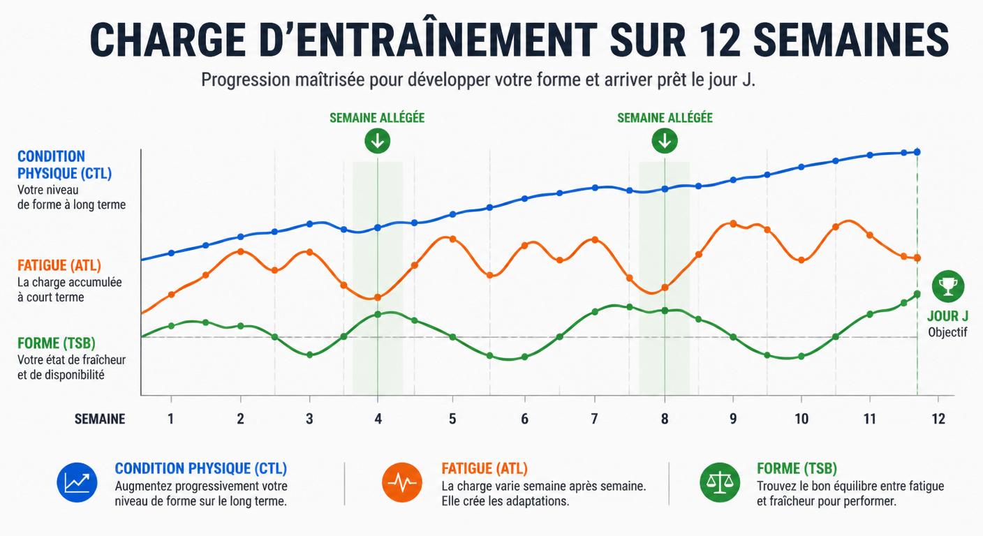 Infographie du suivi de charge CTL ATL TSB sur 12 semaines hybrides