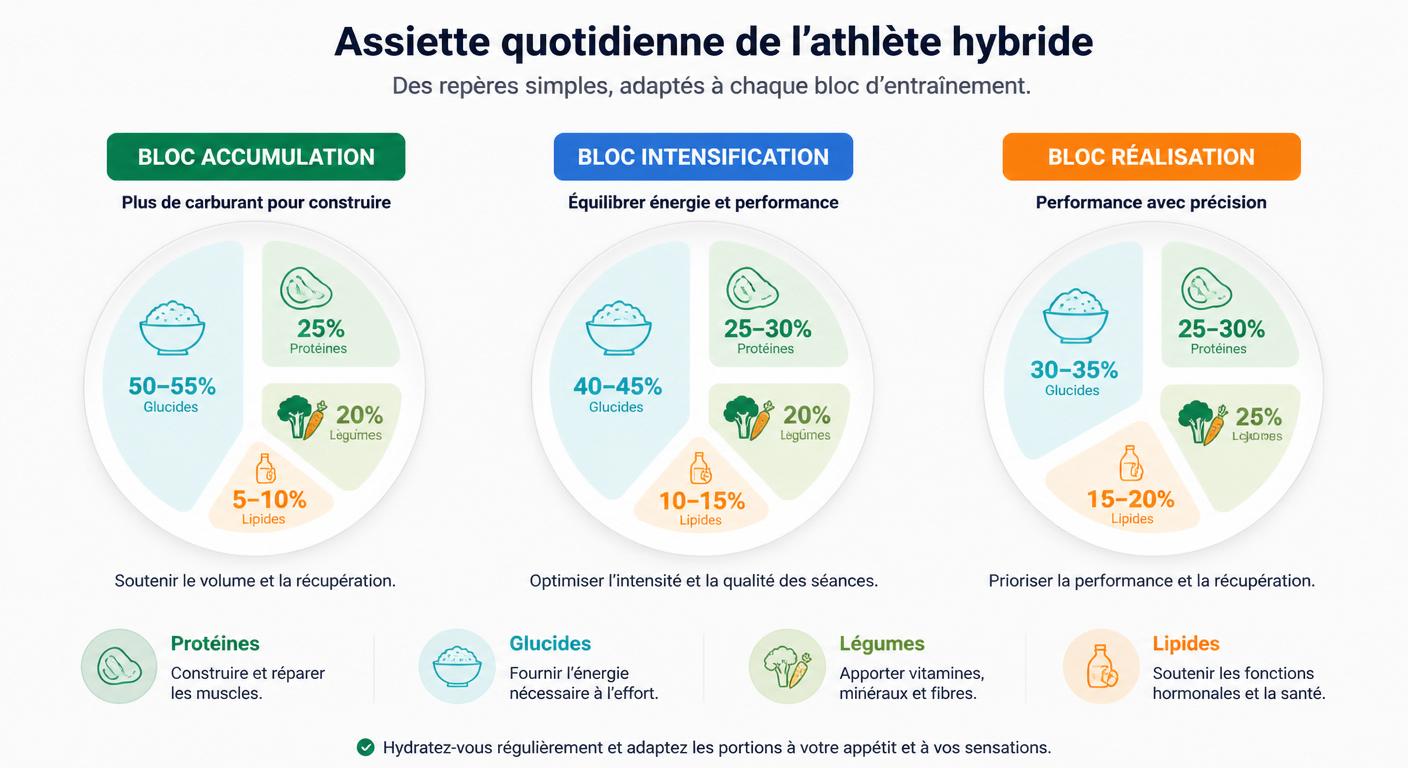 Infographie de la nutrition et récupération sur un cycle hybride 12 semaines
