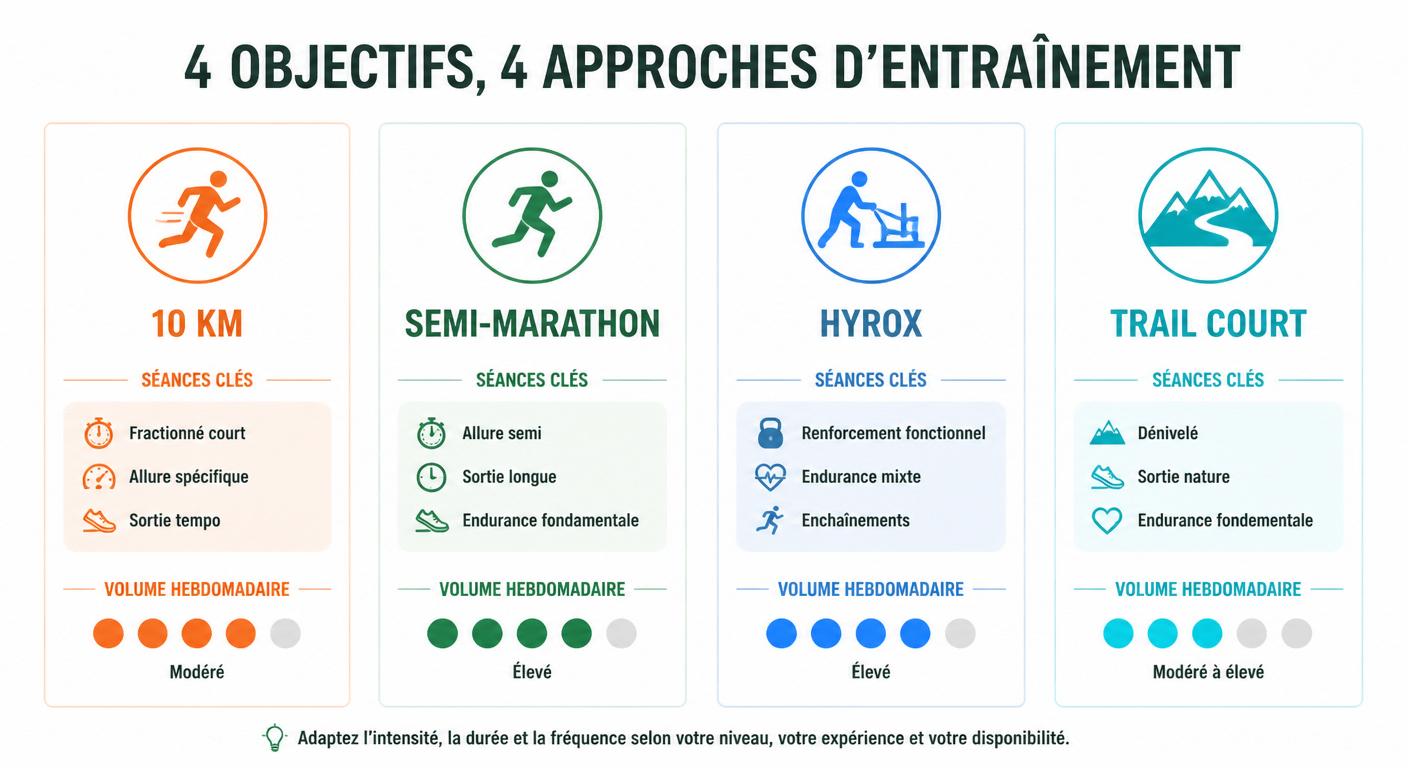 Infographie des 4 déclinaisons du programme hybride 12 semaines selon l'objectif