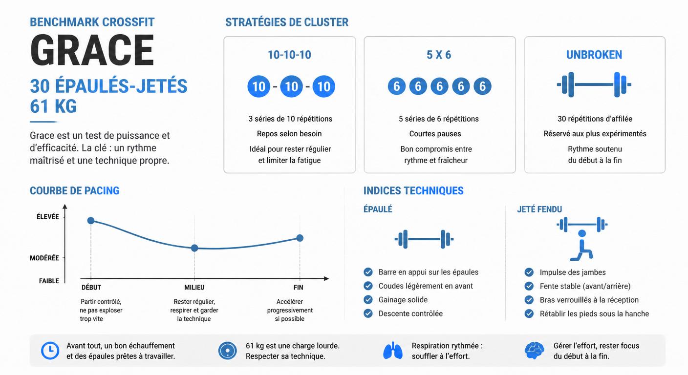 Infographie sur la décomposition tactique des 30 épaulés-jetés de Grace