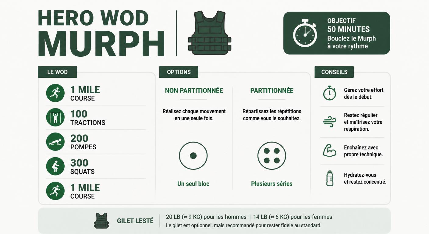 Infographie présentant un plan de pacing pour terminer Murph en moins de 50 minutes