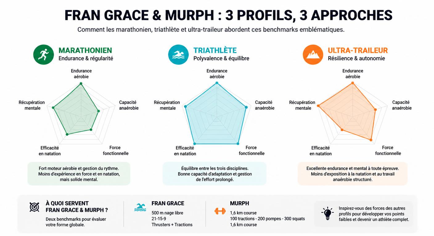 Infographie comparant l'approche des benchmarks Fran, Grace et Murph selon trois profils d'athlètes
