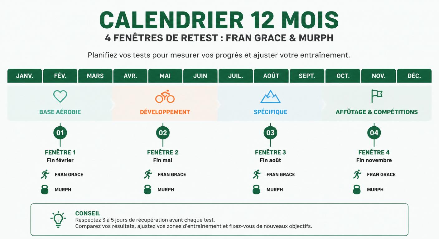 Infographie présentant un calendrier de retest annuel pour Fran, Grace et Murph