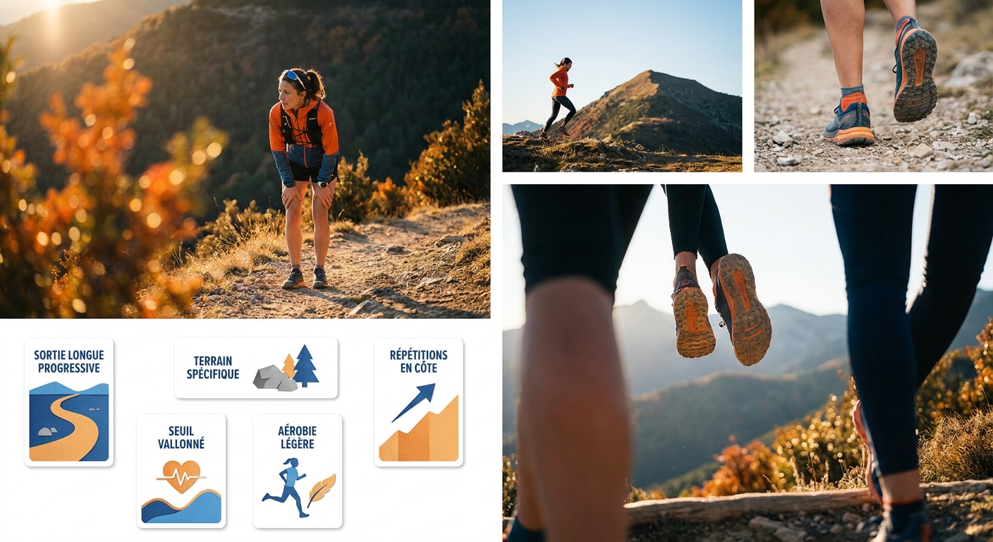 Infographie des cinq séances clés d'un plan ultra trail de 12 semaines