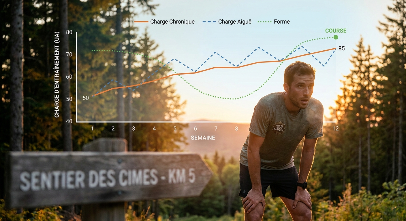 Infographie de l'évolution des charges aiguë et chronique sur un plan ultra trail de 12 semaines