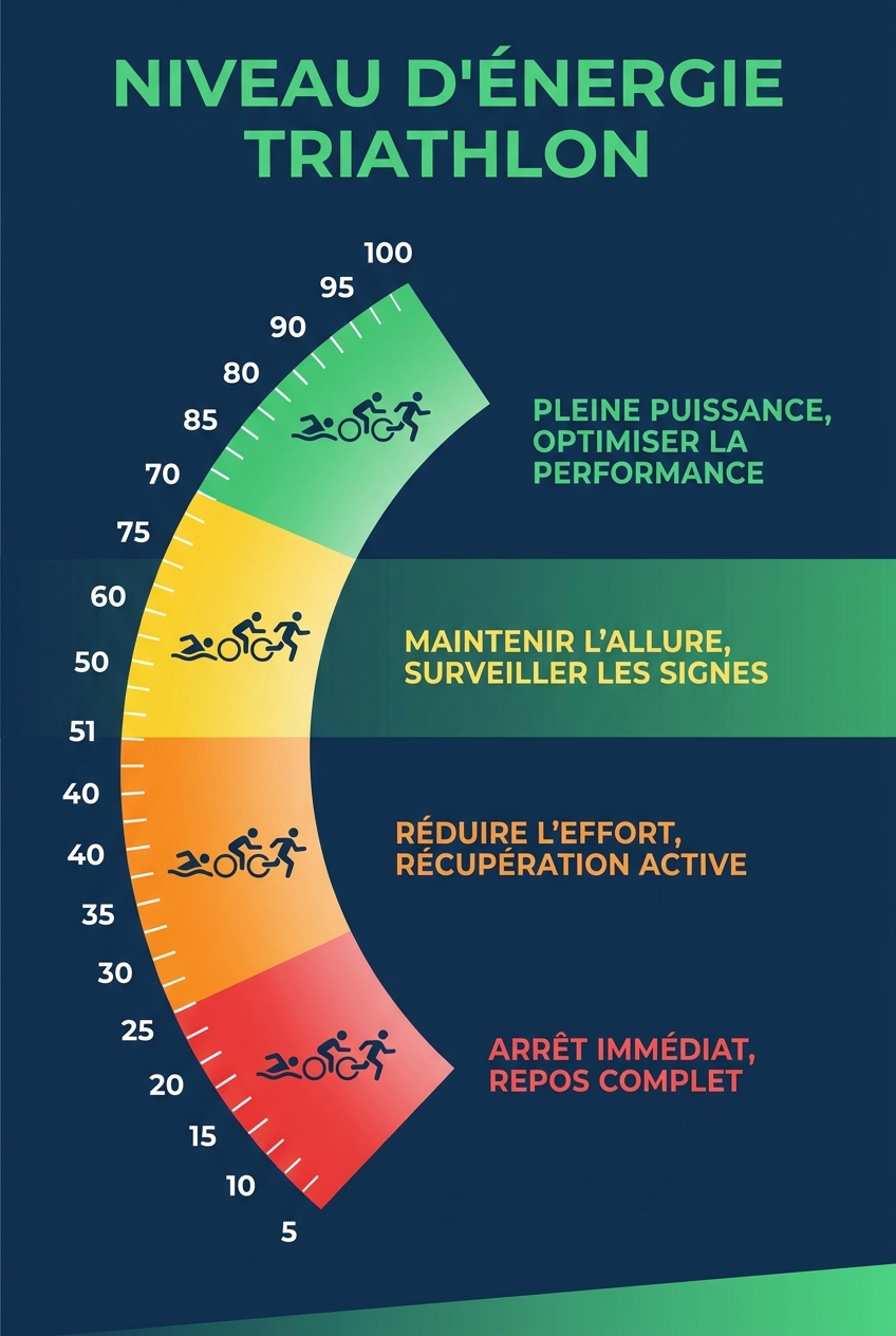 Infographie des 4 zones du body battery Garmin appliquées au triathlon avec actions recommandées