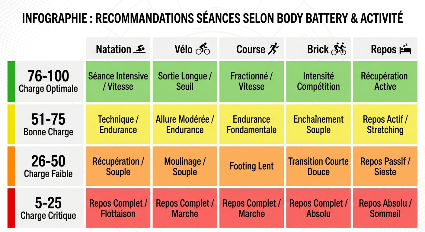 Grille décisionnelle croisant les zones body battery Garmin avec les types de séances triathlon