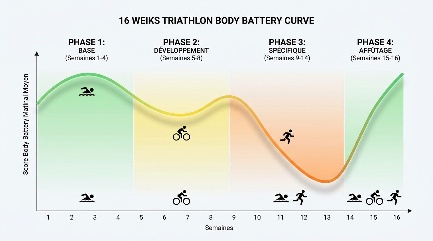 Évolution du score body battery Garmin au fil des 4 phases d'une préparation triathlon de 16 semaines