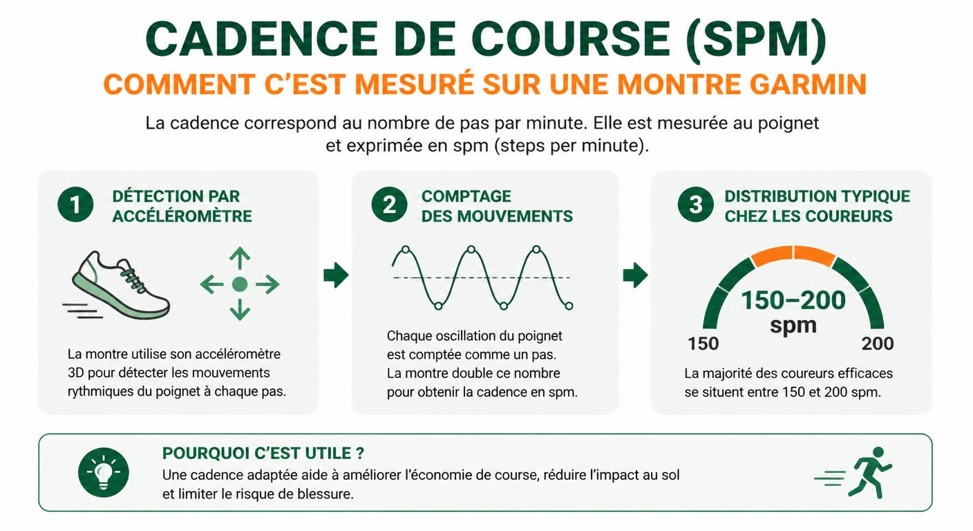 Infographie expliquant la mesure de la cadence de course à pied sur une montre Garmin