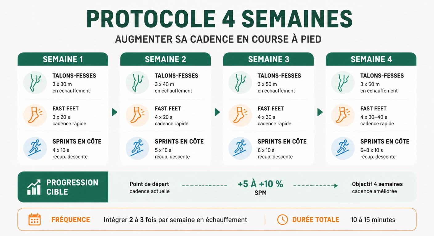 Infographie du protocole 4 semaines pour augmenter la cadence en course à pied