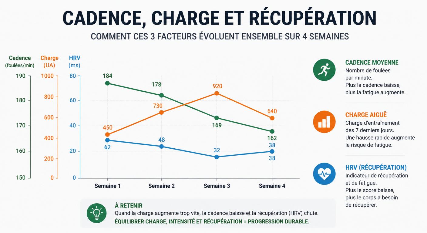 Infographie de la lecture croisée cadence charge HRV sur 4 semaines