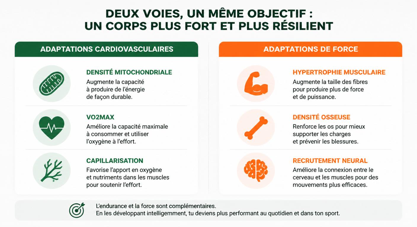 Infographie comparant les adaptations physiologiques du cardio et de la musculation